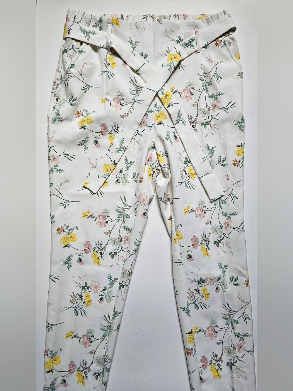 White Floral Elastic Waist Women’s Pull On Trouser with Tie Belt - Size M
